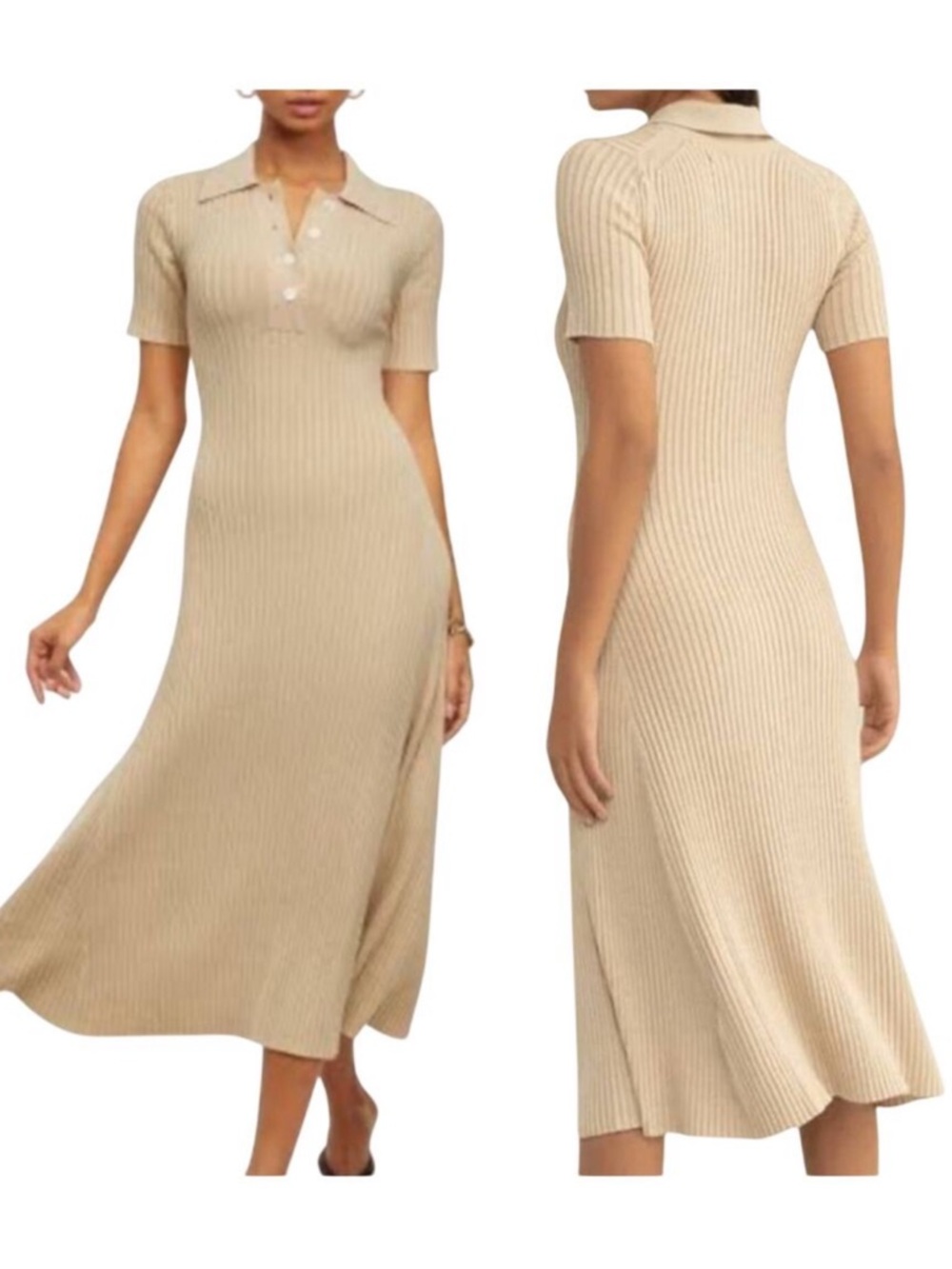 Samsoe Samsoe Lucy Ribbed Midi Dress Beige Polo Knit XXS Neutral Minimalist